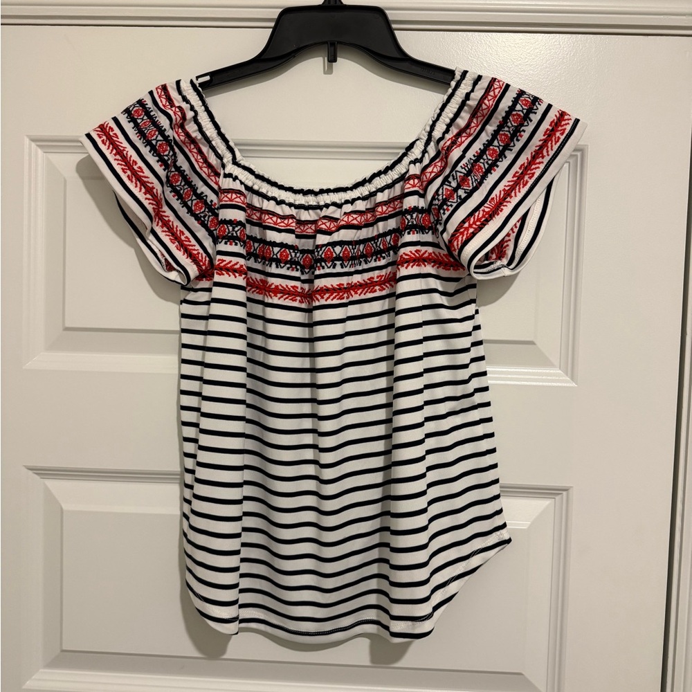 THML White & Navy Striped Off-Shoulder Top with Red Embroidery